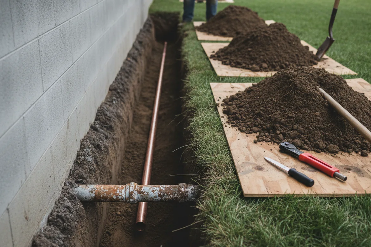 Excavated water line trench during Water Softener Installation in Gurnee